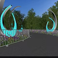 Scenic Bridge With White Railings Blue Curved Decorations Green Trees And Purple Flowers