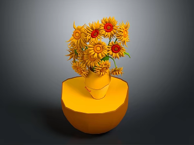 Sunflowers in Yellow Vase Placed on Yellow Round Base Against Dark Background 3d model