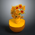 Sunflowers in Yellow Vase Placed on Yellow Round Base Against Dark Background