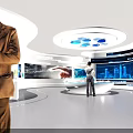 Modern Technology Exhibition Hall With Curved White Design Circular Ceiling Lights And Interactive Digital Displays