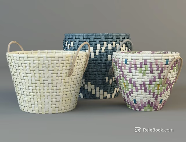 Three Woven Storage Baskets With Handles In Different Colors 3d model 