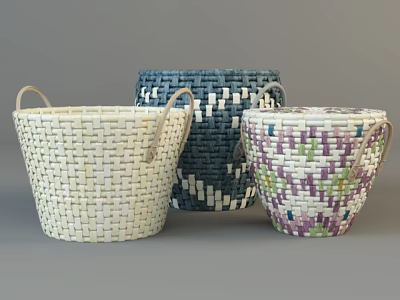 Three Woven Storage Baskets With Handles In Different Colors 3d model