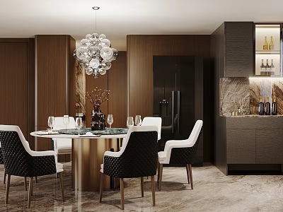Elegant Restaurant Interior With Round Dining Table Black White Chairs Crystal Chandelier And Wooden Walls 3d model