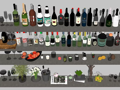 Assorted Wine Bottles Glasses Fresh Fruits and Plants in Bar Area 3d model