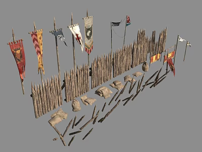 Outdoor Household Supplies Featuring Wooden Fences Colorful Banners And Stone Blocks 3d model