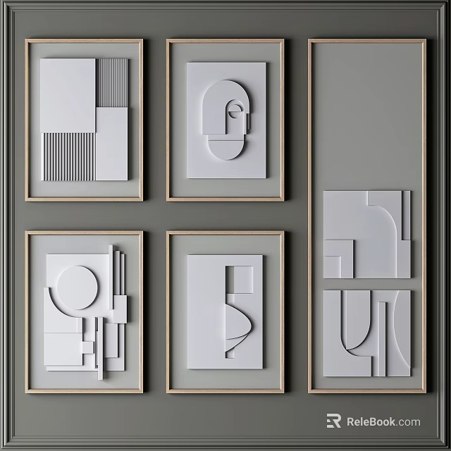 Abstract Geometric Wall Art With Wooden Frames On Gray Wall Background 3d model