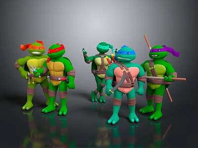 Animated Teenage Mutant Ninja Turtles Characters With Colorful Headbands And Various Weapons 3d model