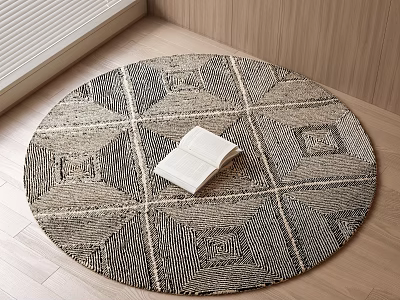 Round Area Rug With Gray Black Geometric Pattern On Wooden Floor And White Book 3d model