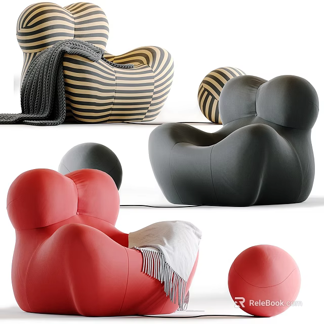 Modern Accent Chair Designs In Red Black And Striped Patterns With Curved Round Shapes 3d model 