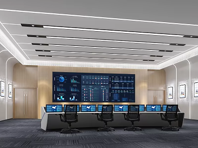 Modern Control Room With Large Screen Displaying Data Charts Multiple Monitors Console And Black Chairs 3d model