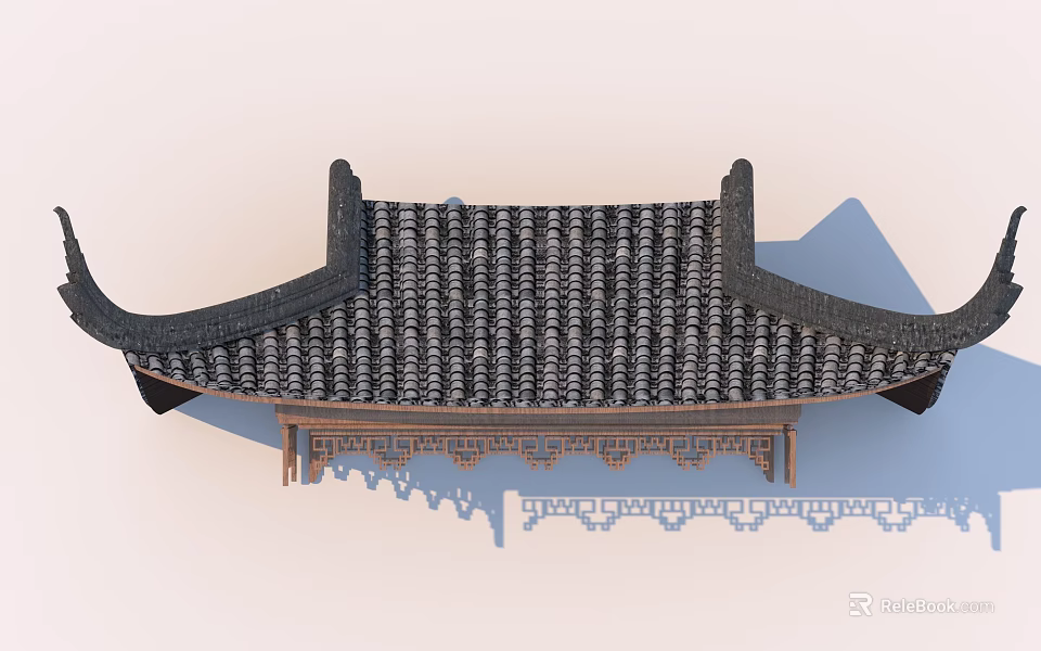 Traditional Chinese Roof Component with Curved Eaves and Intricate Carved Details 3d model 