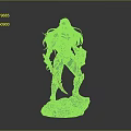 Warrior Woman Statue With Blue Hair Armor Red Sword And Rock Base