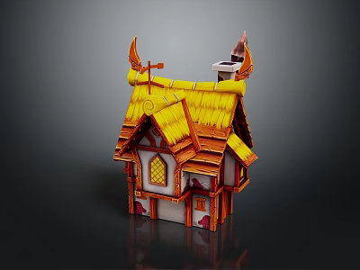 Whimsical Cartoon Cottage Featuring Yellow Straw Roof Orange Frame And White Walls With Arched Windows 3d model