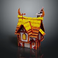 Whimsical Cartoon Cottage Featuring Yellow Straw Roof Orange Frame And White Walls With Arched Windows