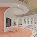 Modern Kindergarten Interior With Pink Decor Stairs Chairs And Bookshelves