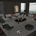Modern Living Room Interior With Beige Sofa Black Chairs And City View Through Large Windows