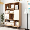 Modern Wooden Bookcase with Shelves Drawers Books Picture Frame Cactus Plant Camera Tripod Near Window
