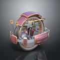 Futuristic Spherical Maroon And Silver Motorcycle With Metallic Frame And Interior Details