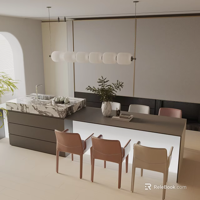 Modern Dining Table Set With Island Marble Countertop Chairs Pendant Lights And Plants 3d model 