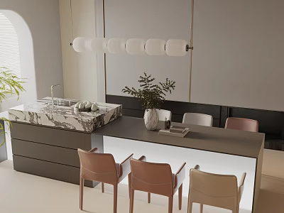Modern Dining Table Set With Island Marble Countertop Chairs Pendant Lights And Plants 3d model