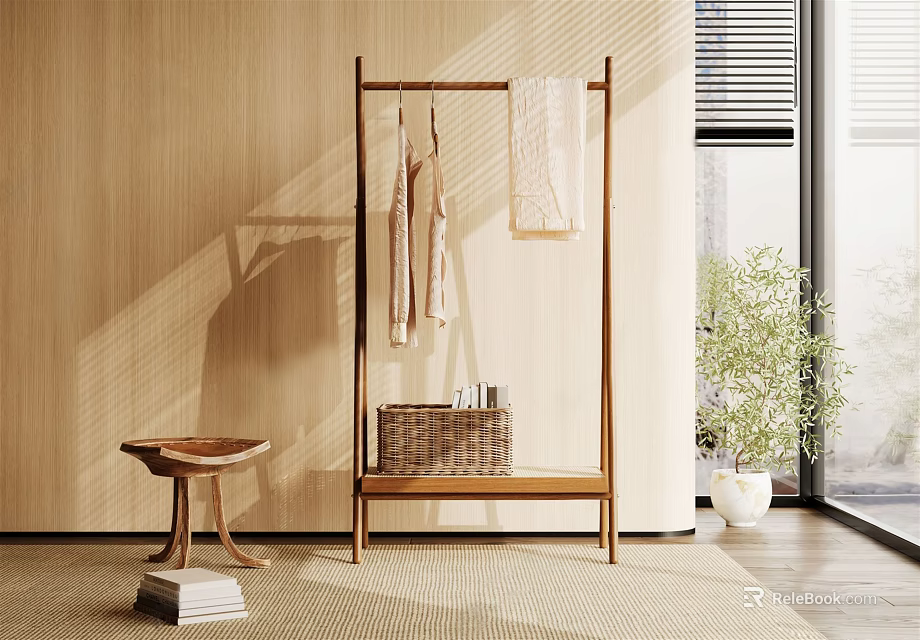 Minimalist Wooden Coat Rack With Hanging Clothes Towel And Basket Near Small Stool Plant And Window 3d model 