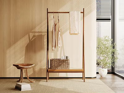 Minimalist Wooden Coat Rack With Hanging Clothes Towel And Basket Near Small Stool Plant And Window 3d model