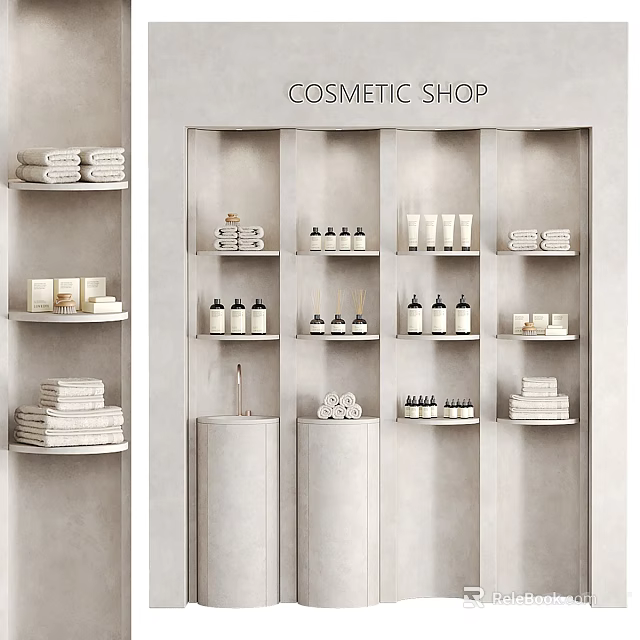 Elegant Modern Display Shelves in Cosmetic Shop with Cosmetic Bottles and Towels 3d model 