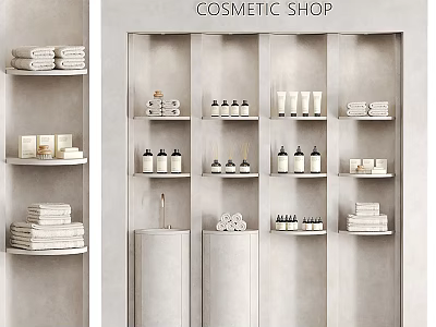 Elegant Modern Display Shelves in Cosmetic Shop with Cosmetic Bottles and Towels 3d model