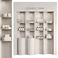 Elegant Modern Display Shelves in Cosmetic Shop with Cosmetic Bottles and Towels
