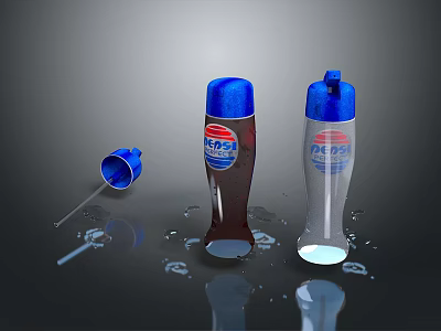 Household Items With Blue Caps Different Bottle Designs And Liquid Drips On Dark Surface 3d model