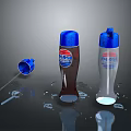 Household Items With Blue Caps Different Bottle Designs And Liquid Drips On Dark Surface
