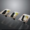 Three Modern Square Striped Plates With Green Decoration And Stand Legs For Home Living