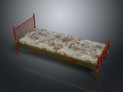 Vintage Red Iron Bed Frame With Patterned Mattress And Rusty Details 3d model