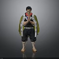 Anime Character 3D Model With Black Hair Red Mask Green Kimono And Clogs