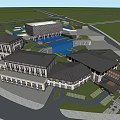 Large Building Complex Featuring Traditional Modern Architecture Dark Roofs And Central Pond 3d model