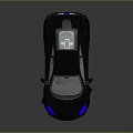 Black Sports Car with Blue Headlights Gold Wheels Solar Panel Roof Reflection on Dark Surface