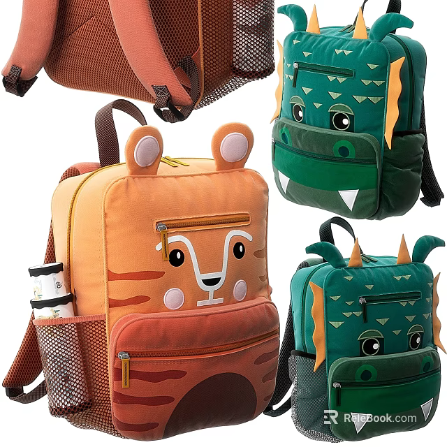 Cute Animal Shaped Kids Backpacks with Adorable Faces Orange Tiger Green Crocodile Dinosaur Designs 3d model 
