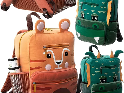 Cute Animal Shaped Kids Backpacks with Adorable Faces Orange Tiger Green Crocodile Dinosaur Designs 3d model