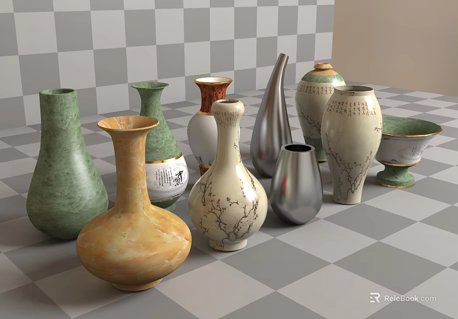 Ceramic Vessels Display Featuring Green Beige White Silver Vases And Bowls With Decorative Patterns 3d model 
