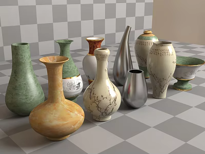 Ceramic Vessels Display Featuring Green Beige White Silver Vases And Bowls With Decorative Patterns 3d model