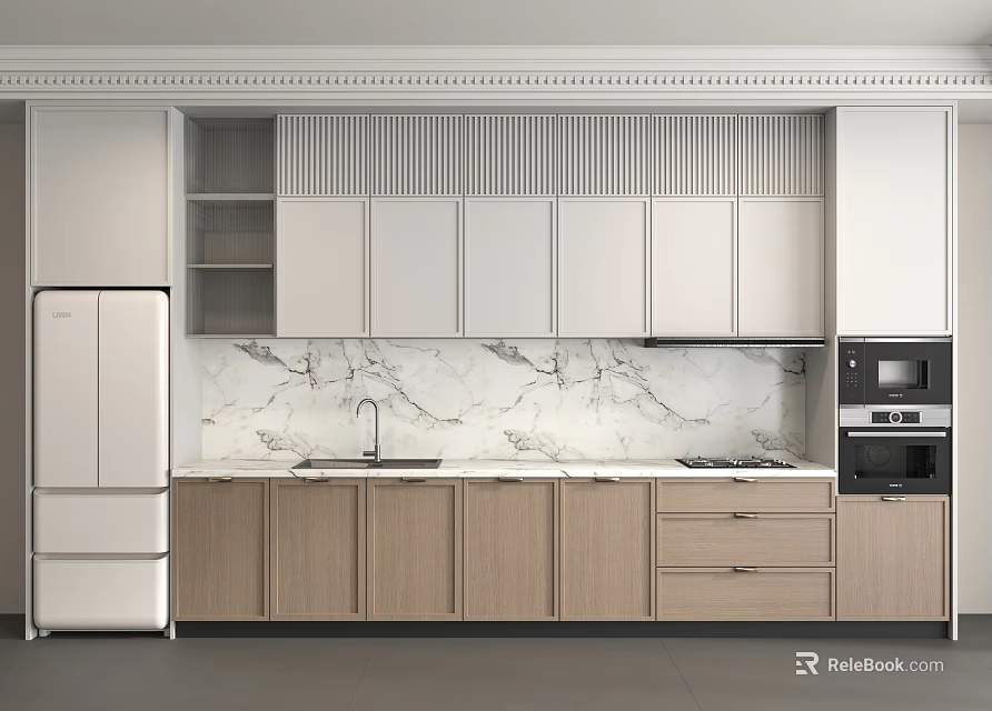 Modern Kitchen Interior With Marble Countertop White Upper Cabinets Wooden Lower Cabinets Refrigerator And Oven 3d model 