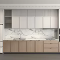 Modern Kitchen Interior With Marble Countertop White Upper Cabinets Wooden Lower Cabinets Refrigerator And Oven