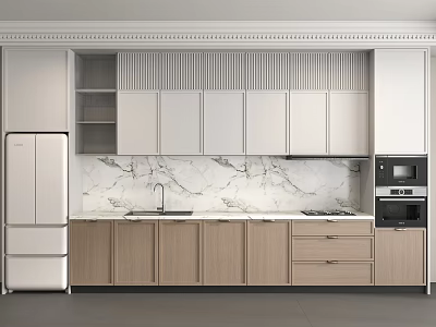 Modern Kitchen Interior With Marble Countertop White Upper Cabinets Wooden Lower Cabinets Refrigerator And Oven 3d model