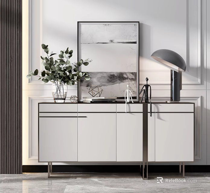 Modern White Console Cabinet with Metal Legs Green Plants Decorative Painting and Table Lamp 3d model 
