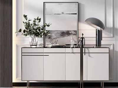 Modern White Console Cabinet with Metal Legs Green Plants Decorative Painting and Table Lamp 3d model