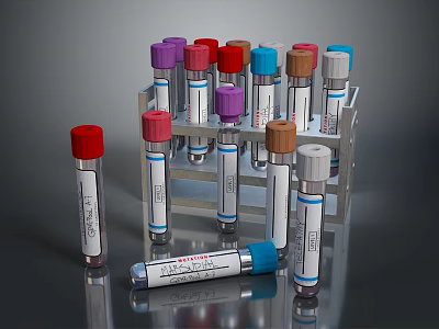 Medical Device Test Tubes With Various Colored Caps In Metal Rack And Labels 3d model