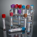Medical Device Test Tubes With Various Colored Caps In Metal Rack And Labels