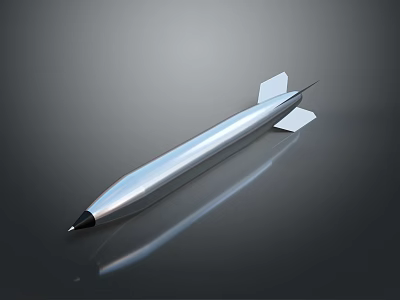 Silver Missile With White Fins On Smooth Black Surface Showing Reflection 3d model