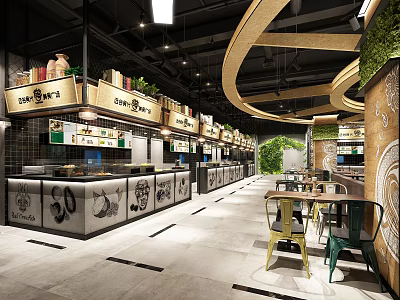 Modern Restaurant Interior With Open Kitchen Counter Dining Seats And Green Plants 3d model