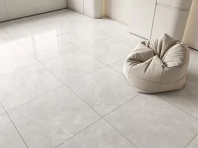 Modern Light Gray Marble Floor Tiles In Minimalist Interior With Beige Bean Bag 3d model